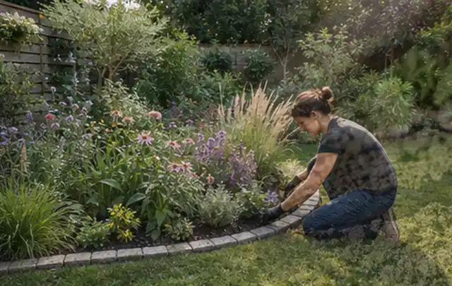 Person pflegt die klare Kante eines geschwungenen blühenden Staudenbeets; Thema Terrasse, Schwerpunkt Gärten mit kleiner Fläche; Ausgangslage.