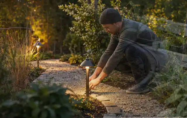 Person richtet eine niedrige warm leuchtende Gartenlampe am Kiesweg aus; Thema Terrasse, Schwerpunkt Gärten mit kleiner Fläche; Umsetzung.