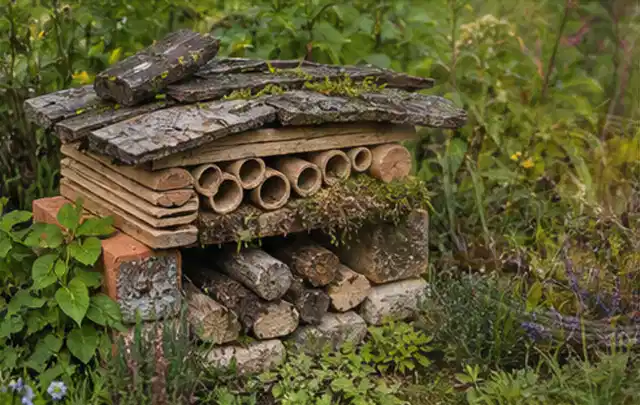 Naturnaher Unterschlupf aus Holz Rinde und Pflanzenstängeln im Garten; Thema Terrasse, Schwerpunkt Gärten mit kleiner Fläche; Ergebnis.