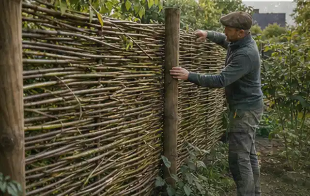 Person befestigt geflochtene Weidenruten an stabilen Holzpfosten im Garten; Thema Terrasse, Schwerpunkt Gärten mit kleiner Fläche; Praxisalltag.