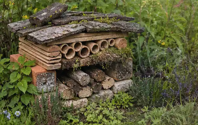 Naturnaher Unterschlupf aus Holz Rinde und Pflanzenstängeln im Garten; Thema Terrasse, Schwerpunkt Garten gestalten; Kontrolle.