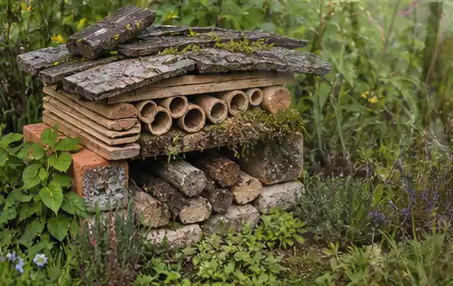 Naturnaher Unterschlupf aus Holz Rinde und Pflanzenstängeln im Garten; Thema Terrasse, Schwerpunkt Hanglage; Ausgangslage.