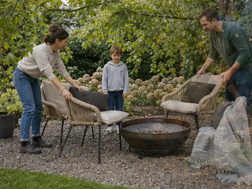 Familie stellt wetterfeste Sessel an einem geschützten Sitzplatz im Garten auf; Thema Terrasse, Schwerpunkt Inspiration; Titelbild.