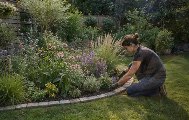 Person pflegt die klare Kante eines geschwungenen blühenden Staudenbeets; Thema Terrasse, Schwerpunkt Inspiration; Ausgangslage.