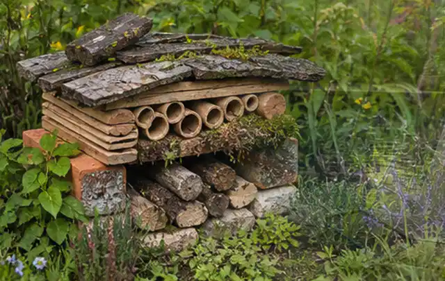 Naturnaher Unterschlupf aus Holz Rinde und Pflanzenstängeln im Garten; Thema Terrasse, Schwerpunkt Inspiration; Umsetzung.