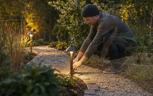 Person richtet eine niedrige warm leuchtende Gartenlampe am Kiesweg aus; Thema Terrasse, Schwerpunkt Inspiration; Kontrolle.