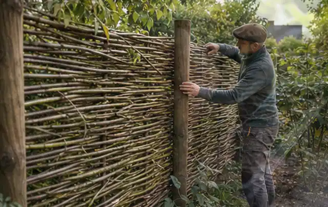 Person befestigt geflochtene Weidenruten an stabilen Holzpfosten im Garten; Thema Terrasse, Schwerpunkt Inspiration; Praxisalltag.