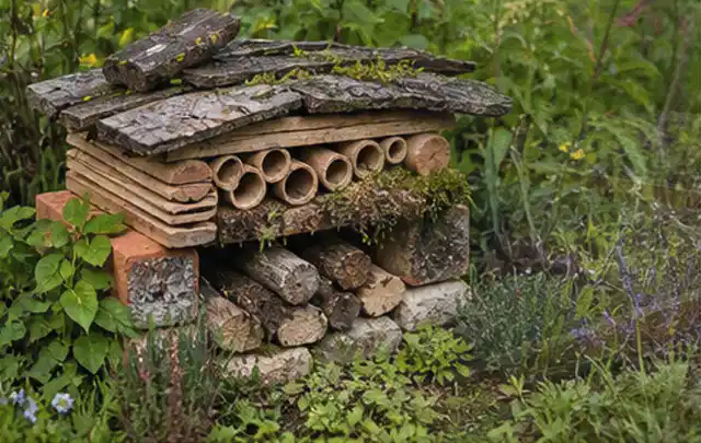 Naturnaher Unterschlupf aus Holz Rinde und Pflanzenstängeln im Garten; Thema Terrasse, Schwerpunkt Kosten; Kontrolle.