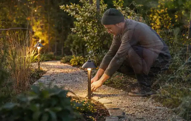 Person richtet eine niedrige warm leuchtende Gartenlampe am Kiesweg aus; Thema Terrasse, Schwerpunkt Kosten; Praxisalltag.