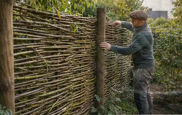 Person befestigt geflochtene Weidenruten an stabilen Holzpfosten im Garten; Thema Terrasse, Schwerpunkt Materialwahl; Ausgangslage.