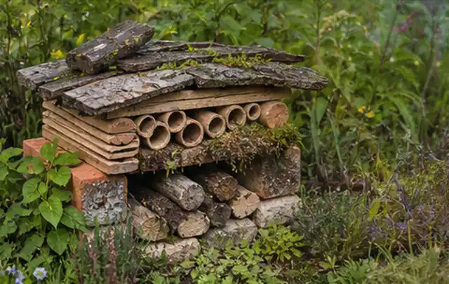 Naturnaher Unterschlupf aus Holz Rinde und Pflanzenstängeln im Garten; Thema Terrasse, Schwerpunkt Materialwahl; Kontrolle.
