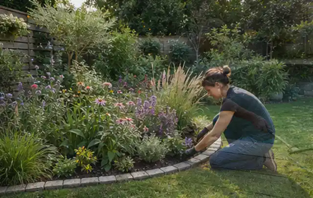 Person pflegt die klare Kante eines geschwungenen blühenden Staudenbeets; Thema Terrasse, Schwerpunkt Materialwahl; Ergebnis.