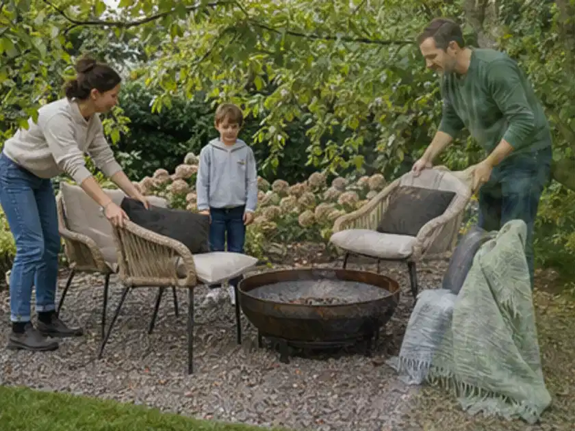 Familie stellt wetterfeste Sessel an einem geschützten Sitzplatz im Garten auf; Thema Terrasse, Schwerpunkt Naturgarten; Titelbild.