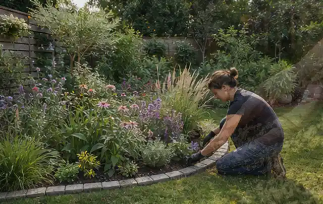 Person pflegt die klare Kante eines geschwungenen blühenden Staudenbeets; Thema Terrasse, Schwerpunkt Naturgarten; Umsetzung.