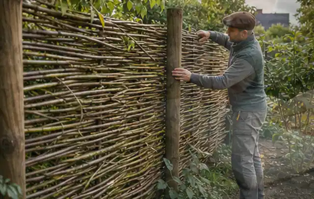 Person befestigt geflochtene Weidenruten an stabilen Holzpfosten im Garten; Thema Terrasse, Schwerpunkt Naturgarten; Kontrolle.