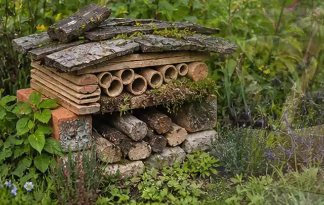 Naturnaher Unterschlupf aus Holz Rinde und Pflanzenstängeln im Garten; Thema Terrasse, Schwerpunkt Pflegeleichtigkeit; Ausgangslage.