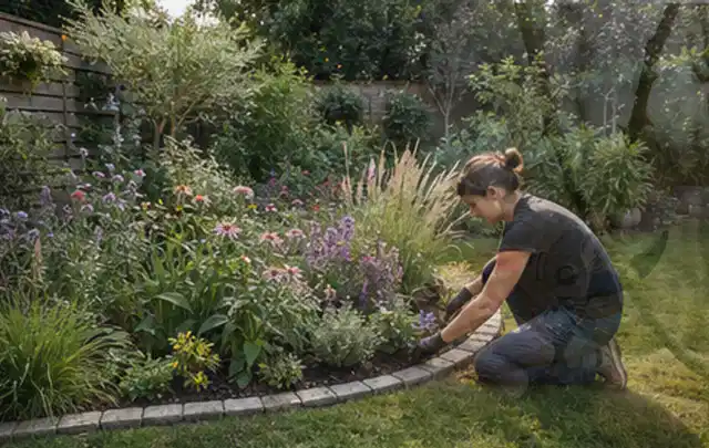 Person pflegt die klare Kante eines geschwungenen blühenden Staudenbeets; Thema Terrasse, Schwerpunkt Pflegeleichtigkeit; Umsetzung.