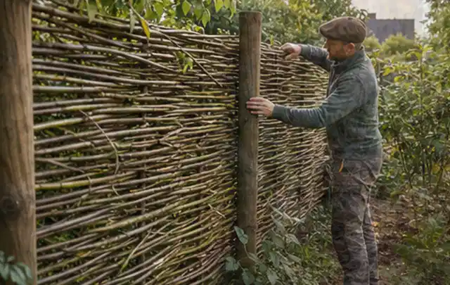 Person befestigt geflochtene Weidenruten an stabilen Holzpfosten im Garten; Thema Terrasse, Schwerpunkt Pflegeleichtigkeit; Ergebnis.