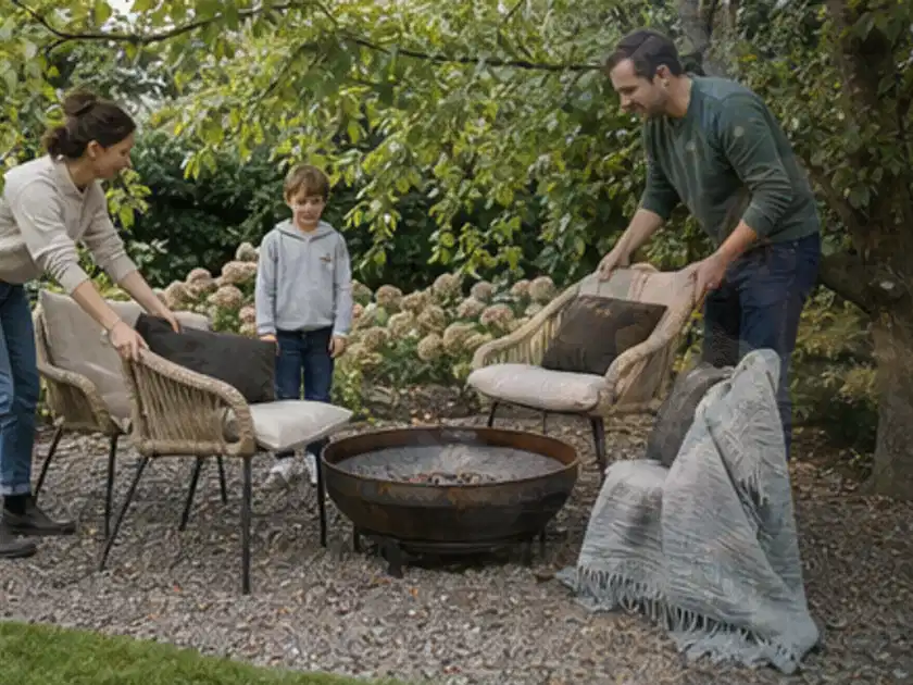 Familie stellt wetterfeste Sessel an einem geschützten Sitzplatz im Garten auf; Thema Terrasse, Schwerpunkt Planung; Titelbild.