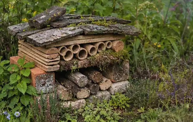Naturnaher Unterschlupf aus Holz Rinde und Pflanzenstängeln im Garten; Thema Terrasse, Schwerpunkt Planung; Ausgangslage.