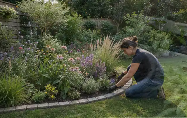 Person pflegt die klare Kante eines geschwungenen blühenden Staudenbeets; Thema Terrasse, Schwerpunkt Planung; Kontrolle.