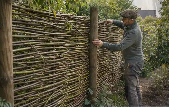 Person befestigt geflochtene Weidenruten an stabilen Holzpfosten im Garten; Thema Terrasse, Schwerpunkt Planung; Ergebnis.