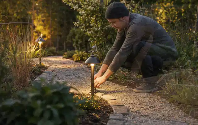 Person richtet eine niedrige warm leuchtende Gartenlampe am Kiesweg aus; Thema Terrasse, Schwerpunkt Planung; Praxisalltag.