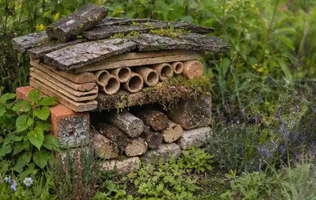 Naturnaher Unterschlupf aus Holz Rinde und Pflanzenstängeln im Garten; Thema Terrasse, Schwerpunkt Praxisbeispiele; Kontrolle.