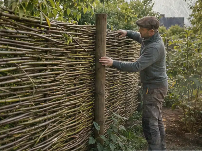 Person befestigt geflochtene Weidenruten an stabilen Holzpfosten im Garten; Thema Terrasse, Schwerpunkt Privatsphäre; Titelbild.