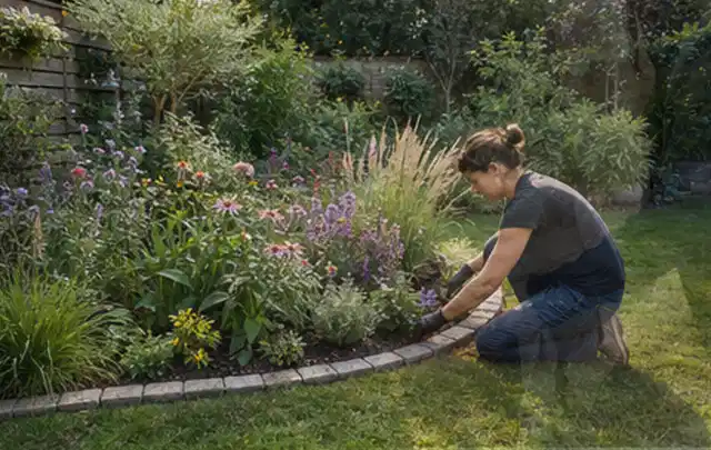 Person pflegt die klare Kante eines geschwungenen blühenden Staudenbeets; Thema Terrasse, Schwerpunkt Privatsphäre; Ausgangslage.