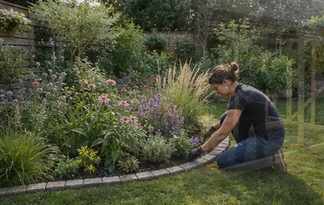 Person pflegt die klare Kante eines geschwungenen blühenden Staudenbeets; Thema Terrasse, Schwerpunkt Wegeführung; Umsetzung.