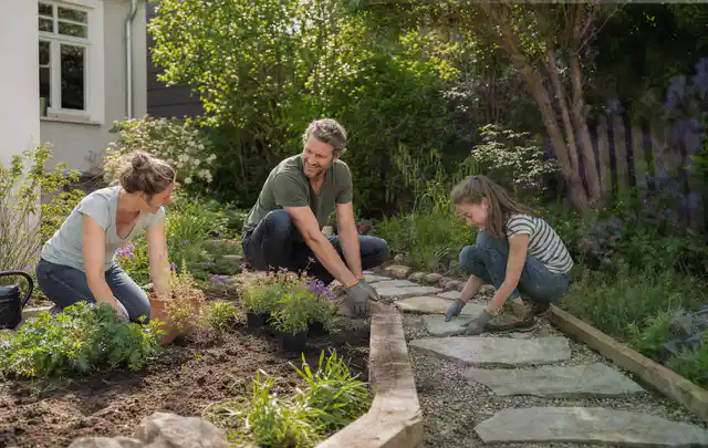 Familie geht auf einem Weg durch einen abwechslungsreich gestalteten Garten; Thema Terrasse, Schwerpunkt Wegeführung; Kontrolle.