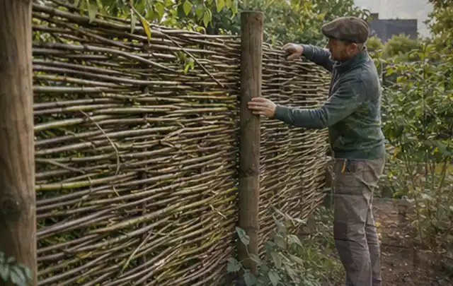Person befestigt geflochtene Weidenruten an stabilen Holzpfosten im Garten; Thema Terrasse, Schwerpunkt Wegeführung; Praxisalltag.