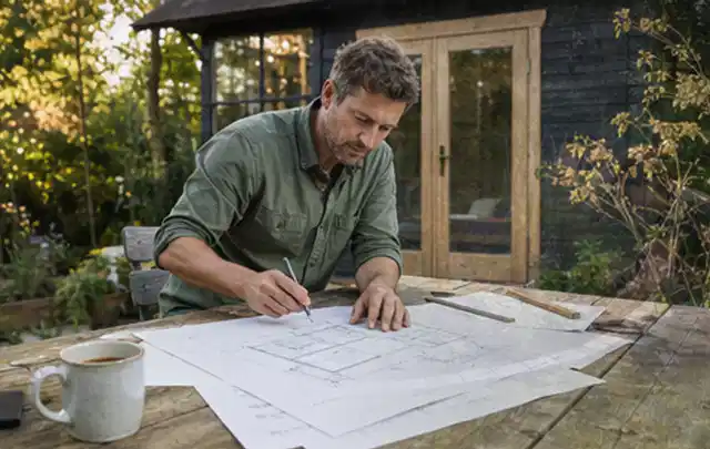 Person prüft Bauzeichnungen an einem Gartentisch vor einem kleinen Gartenhaus; Thema Terrassen, Schwerpunkt Gartenhäuser Bauen; Umsetzung.