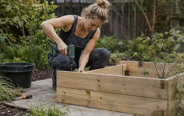 Person montiert ein massives Hochbeet aus unbehandeltem Holz im Garten; Thema Terrassen, Schwerpunkt Gartenhäuser Bauen; Ergebnis.