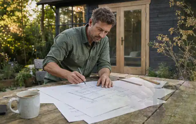 Person prüft Bauzeichnungen an einem Gartentisch vor einem kleinen Gartenhaus; Thema Testkriterien, Schwerpunkt Produktberatung; Ausgangslage.