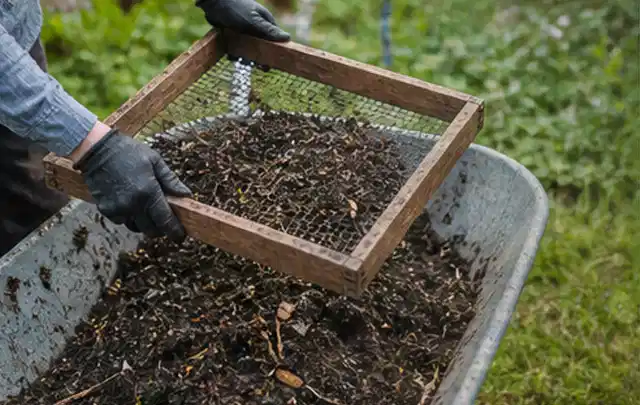 Behandschuhte Hände sieben reifen Kompost über einer Gartenschubkarre; Thema Thymian, Schwerpunkt Anbau; Ergebnis.