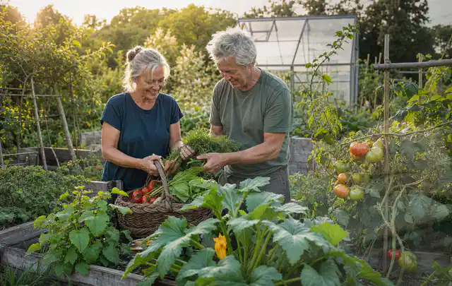Zwei Personen ernten gemeinsam Gemüse in einem sonnigen Nutzgarten; Thema Thymian, Schwerpunkt Ernteprobleme; Kontrolle.