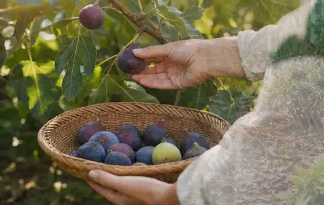 Hand pflückt eine reife Feige über einem flachen Korb mit Früchten; Thema Thymian, Schwerpunkt Gesundheit; Ergebnis.