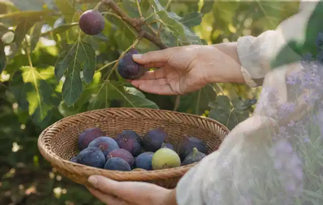 Hand pflückt eine reife Feige über einem flachen Korb mit Früchten; Thema Thymian, Schwerpunkt Pflanzenschutz; Kontrolle.