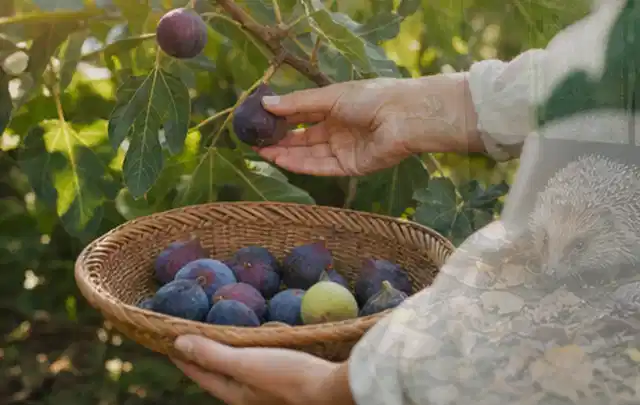 Hand pflückt eine reife Feige über einem flachen Korb mit Früchten; Thema Thymian, Schwerpunkt Saisonkalender; Praxisalltag.