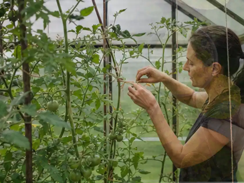Person bindet junge Tomatentriebe in einem privaten Gewächshaus vorsichtig an; Thema Tomaten, Schwerpunkt Anbau; Titelbild.