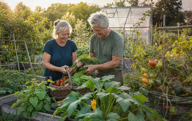 Zwei Personen ernten gemeinsam Gemüse in einem sonnigen Nutzgarten; Thema Tomaten, Schwerpunkt Aussaat; Kontrolle.