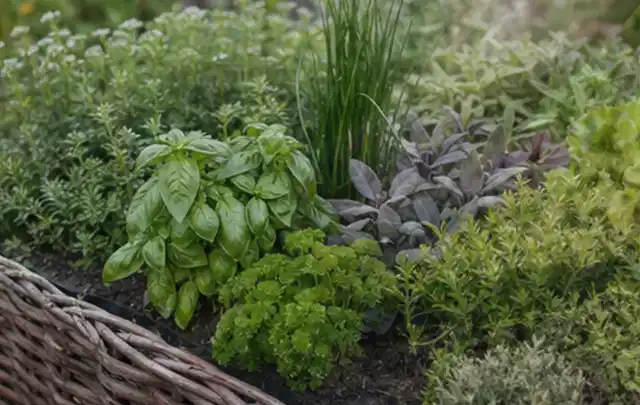 Dichtes Hochbeet mit Basilikum Schnittlauch Petersilie Salbei und weiteren Küchenkräutern; Thema Tomaten, Schwerpunkt Aussaat; Ergebnis.