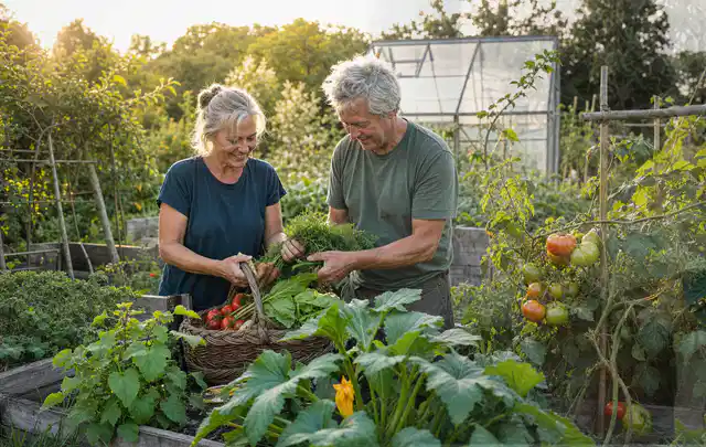 Zwei Personen ernten gemeinsam Gemüse in einem sonnigen Nutzgarten; Thema Tomaten, Schwerpunkt Bewässerung; Umsetzung.