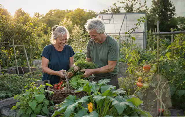 Zwei Personen ernten gemeinsam Gemüse in einem sonnigen Nutzgarten; Thema Tomaten, Schwerpunkt Ernte; Umsetzung.