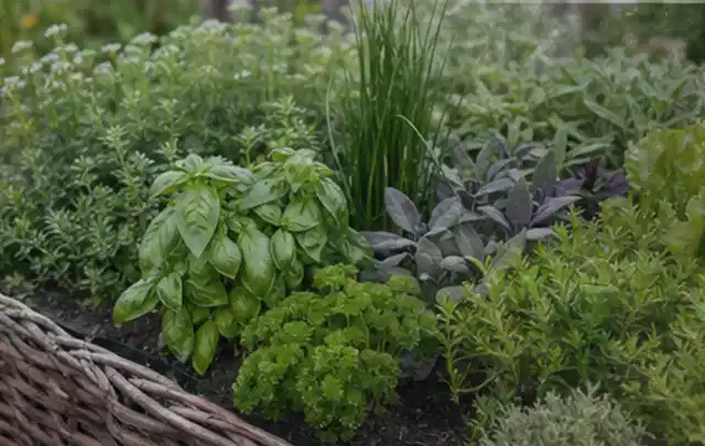 Dichtes Hochbeet mit Basilikum Schnittlauch Petersilie Salbei und weiteren Küchenkräutern; Thema Tomaten, Schwerpunkt Ernteprobleme; Ausgangslage.