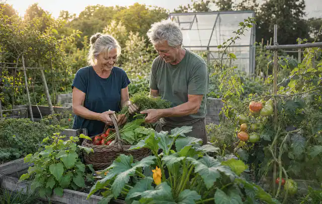Zwei Personen ernten gemeinsam Gemüse in einem sonnigen Nutzgarten; Thema Tomaten, Schwerpunkt Ernteprobleme; Ergebnis.