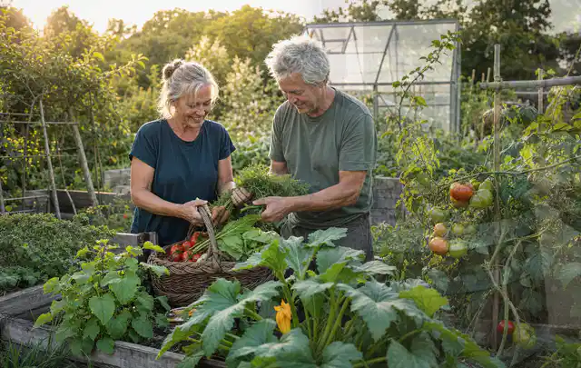 Zwei Personen ernten gemeinsam Gemüse in einem sonnigen Nutzgarten; Thema Tomaten, Schwerpunkt Gemüse; Umsetzung.