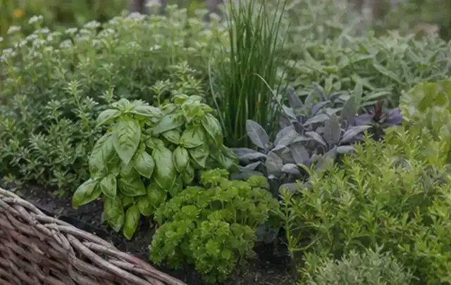 Dichtes Hochbeet mit Basilikum Schnittlauch Petersilie Salbei und weiteren Küchenkräutern; Thema Tomaten, Schwerpunkt Gesundheit; Ausgangslage.